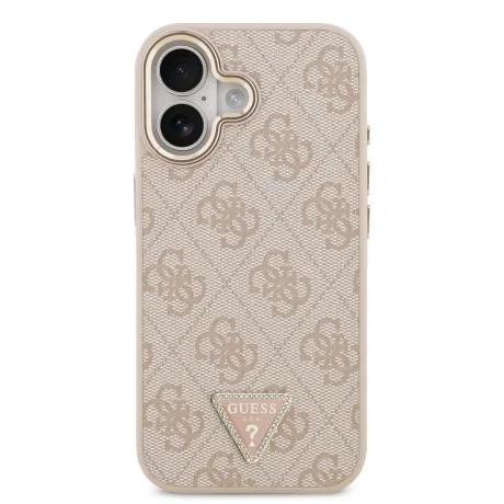 Husă spate Guess din piele PU 4G cu logo triunghiular și ramă aurie MagSafe pentru iPhone 17, roz