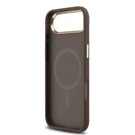 Husa spate Guess din piele PU 4G cu logo triunghiular și ramă aurie MagSafe pentru iPhone Air, maro