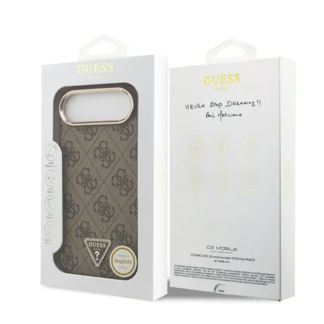Husa spate Guess din piele PU 4G cu logo triunghiular și ramă aurie MagSafe pentru iPhone Air, maro