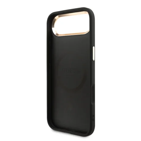 Husa spate Guess din piele PU 4G cu logo triunghiular și ramă aurie MagSafe pentru iPhone Air, neagră