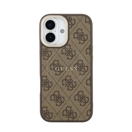 Husa spate Guess din piele PU 4G cu ramă aurie MagSafe pentru iPhone 17, maro