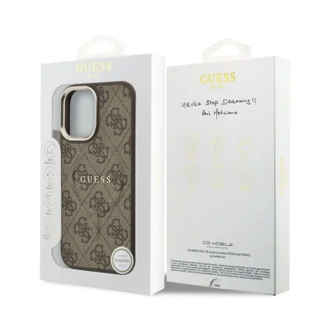 Husa spate Guess din piele PU 4G cu ramă aurie MagSafe pentru iPhone 17, maro
