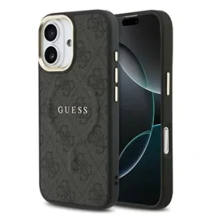 Husa spate Guess din piele PU 4G cu ramă aurie MagSafe pentru iPhone 17, neagră