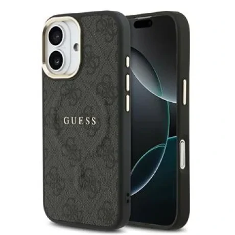 Husa spate Guess din piele PU 4G cu ramă aurie MagSafe pentru iPhone 17, neagră