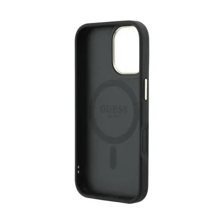 Husa spate Guess din piele PU 4G cu ramă aurie MagSafe pentru iPhone 17, neagră