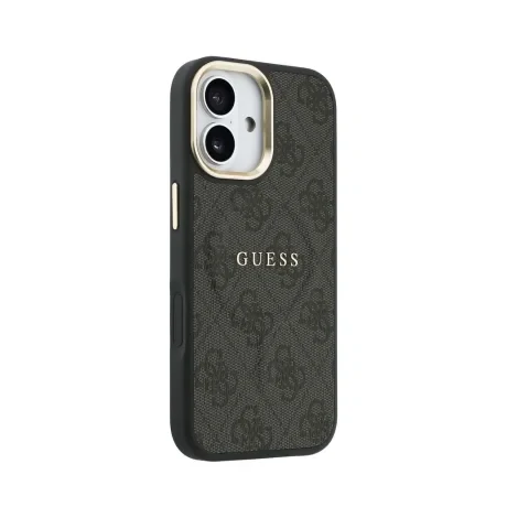 Husa spate Guess din piele PU 4G cu ramă aurie MagSafe pentru iPhone 17, neagră