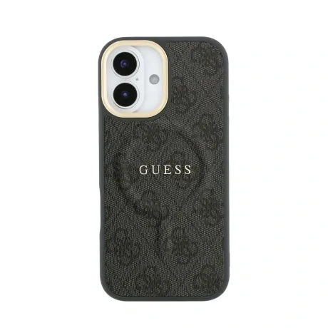 Husa spate Guess din piele PU 4G cu ramă aurie MagSafe pentru iPhone 17, neagră