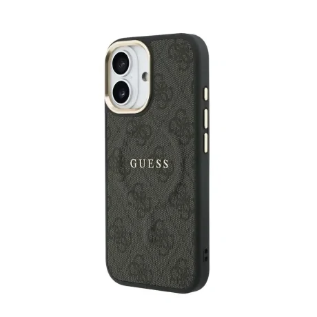 Husa spate Guess din piele PU 4G cu ramă aurie MagSafe pentru iPhone 17, neagră