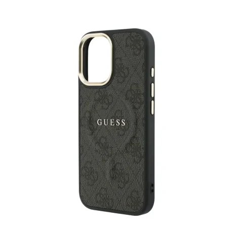 Husa spate Guess din piele PU 4G cu ramă aurie MagSafe pentru iPhone 17, neagră