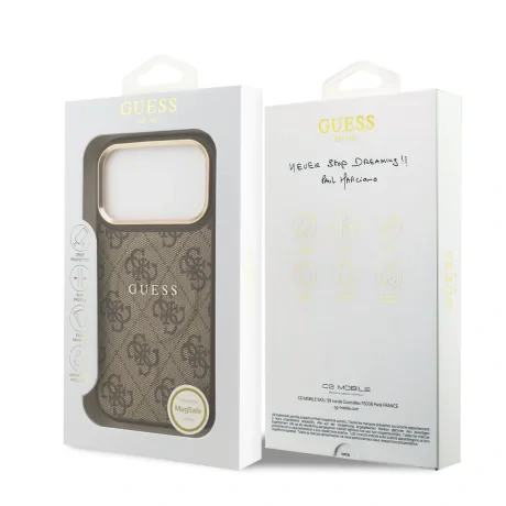 Husa spate Guess din piele PU 4G cu ramă aurie MagSafe pentru iPhone 17 Pro, maro