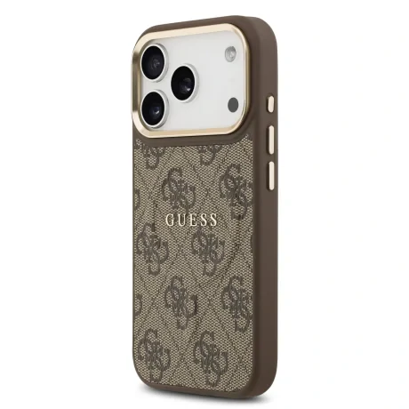 Husa spate Guess din piele PU 4G cu ramă aurie MagSafe pentru iPhone 17 Pro, maro