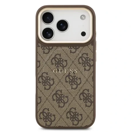 Husa spate Guess din piele PU 4G cu ramă aurie MagSafe pentru iPhone 17 Pro, maro
