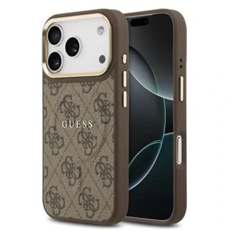 Husa spate Guess din piele PU 4G cu ramă aurie MagSafe pentru iPhone 17 Pro, maro