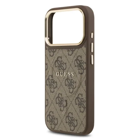 Husa spate Guess din piele PU 4G cu ramă aurie MagSafe pentru iPhone 17 Pro, maro