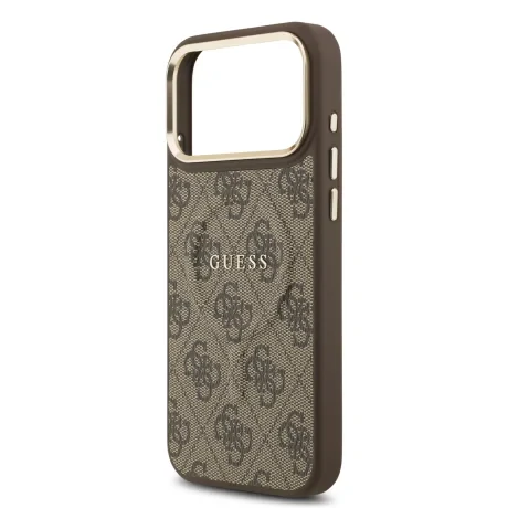 Husa spate Guess din piele PU 4G cu ramă aurie MagSafe pentru iPhone 17 Pro Max, maro