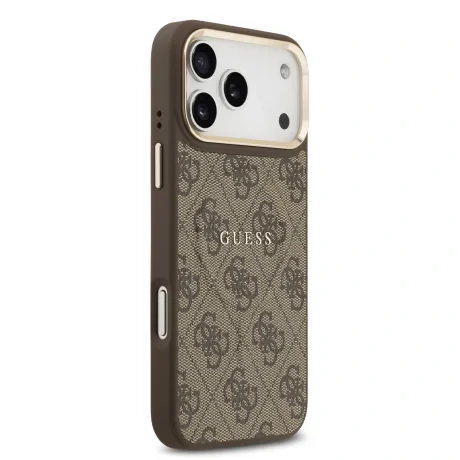Husa spate Guess din piele PU 4G cu ramă aurie MagSafe pentru iPhone 17 Pro Max, maro
