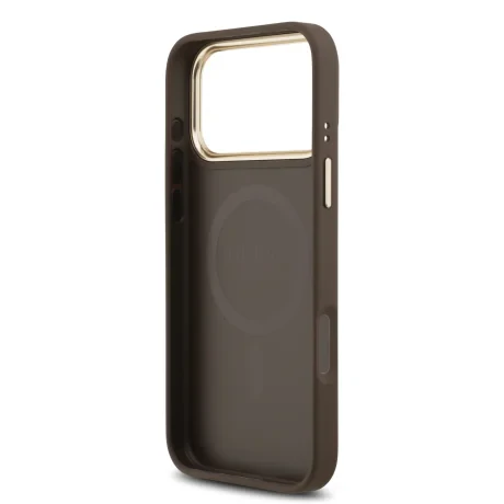 Husa spate Guess din piele PU 4G cu ramă aurie MagSafe pentru iPhone 17 Pro Max, maro