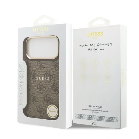 Husa spate Guess din piele PU 4G cu ramă aurie MagSafe pentru iPhone 17 Pro Max, maro
