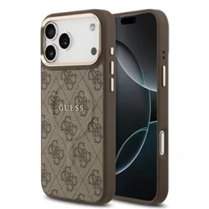 Husa spate Guess din piele PU 4G cu ramă aurie MagSafe pentru iPhone 17 Pro Max, maro
