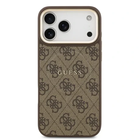 Husa spate Guess din piele PU 4G cu ramă aurie MagSafe pentru iPhone 17 Pro Max, maro