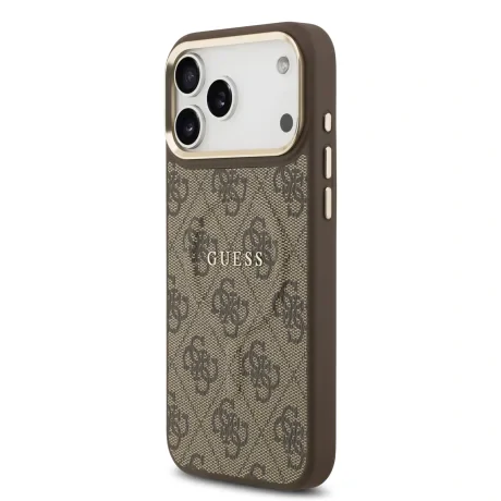 Husa spate Guess din piele PU 4G cu ramă aurie MagSafe pentru iPhone 17 Pro Max, maro