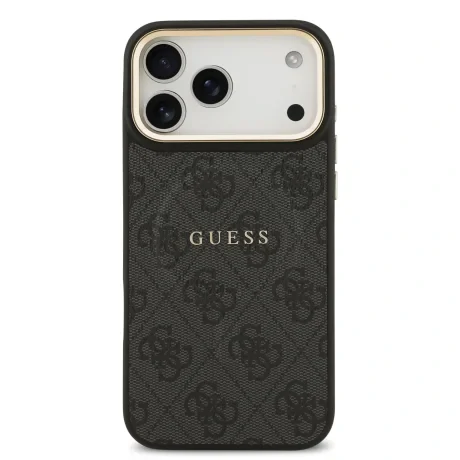 Husa spate Guess din piele PU 4G cu ramă aurie MagSafe pentru iPhone 17 Pro Max, neagră