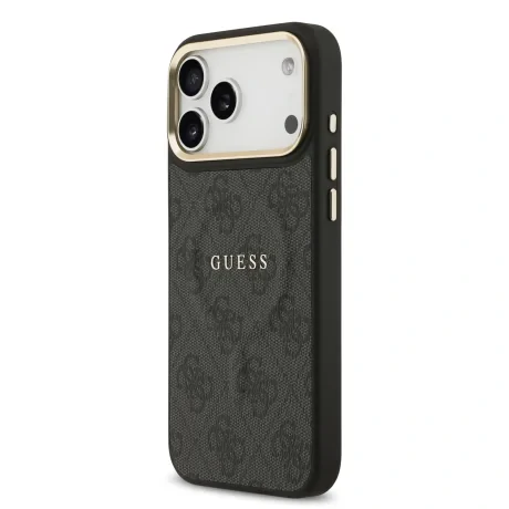 Husa spate Guess din piele PU 4G cu ramă aurie MagSafe pentru iPhone 17 Pro Max, neagră