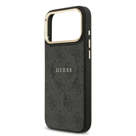 Husa spate Guess din piele PU 4G cu ramă aurie MagSafe pentru iPhone 17 Pro Max, neagră