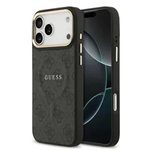Husa spate Guess din piele PU 4G cu ramă aurie MagSafe pentru iPhone 17 Pro Max, neagră