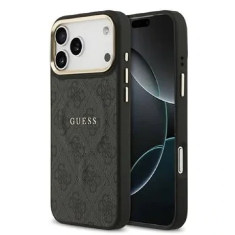 Husa spate Guess din piele PU 4G cu ramă aurie MagSafe pentru iPhone 17 Pro Max, neagră