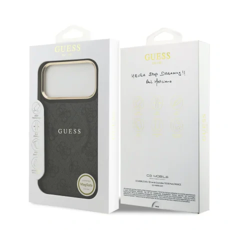 Husa spate Guess din piele PU 4G cu ramă aurie MagSafe pentru iPhone 17 Pro Max, neagră