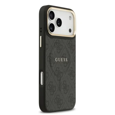 Husa spate Guess din piele PU 4G cu ramă aurie MagSafe pentru iPhone 17 Pro Max, neagră