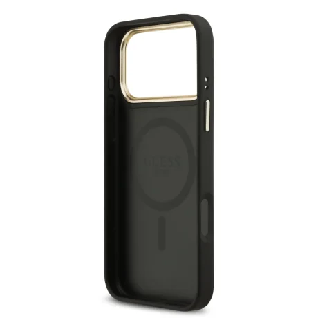Husa spate Guess din piele PU 4G cu ramă aurie MagSafe pentru iPhone 17 Pro Max, neagră