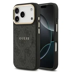 Husa spate Guess din piele PU 4G cu ramă aurie MagSafe pentru iPhone 17 Pro, neagră
