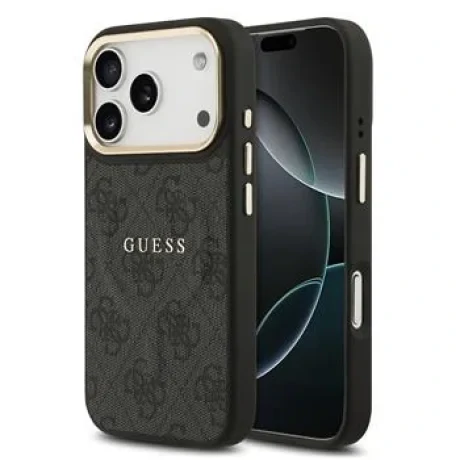 Husa spate Guess din piele PU 4G cu ramă aurie MagSafe pentru iPhone 17 Pro, neagră