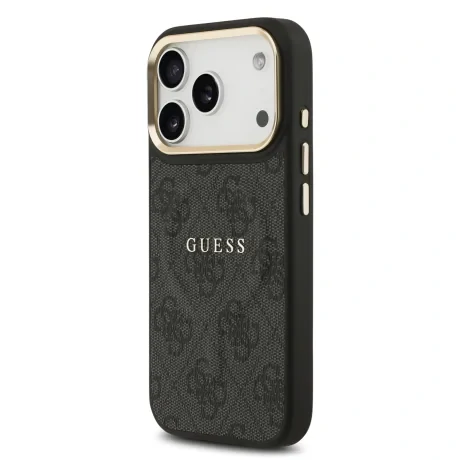 Husa spate Guess din piele PU 4G cu ramă aurie MagSafe pentru iPhone 17 Pro, neagră