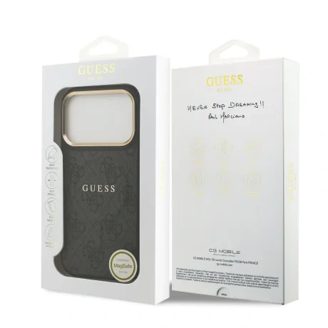 Husa spate Guess din piele PU 4G cu ramă aurie MagSafe pentru iPhone 17 Pro, neagră