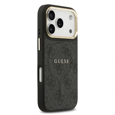 Husa spate Guess din piele PU 4G cu ramă aurie MagSafe pentru iPhone 17 Pro, neagră