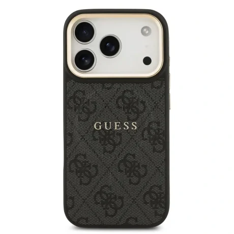 Husa spate Guess din piele PU 4G cu ramă aurie MagSafe pentru iPhone 17 Pro, neagră
