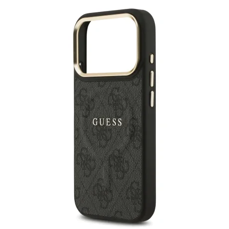 Husa spate Guess din piele PU 4G cu ramă aurie MagSafe pentru iPhone 17 Pro, neagră
