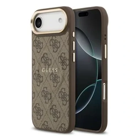 Husa spate Guess din piele PU 4G cu ramă aurie MagSafe pentru iPhone Air, maro