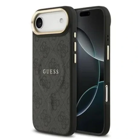 Husa spate Guess din piele PU 4G cu ramă aurie MagSafe pentru iPhone Air, neagră