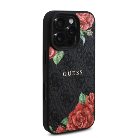Husa spate Guess din piele PU 4G Roses MagSafe pentru iPhone 16 Pro, neagră