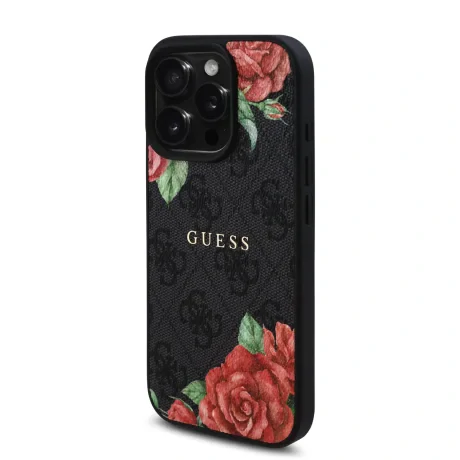 Husa spate Guess din piele PU 4G Roses MagSafe pentru iPhone 16 Pro, neagră
