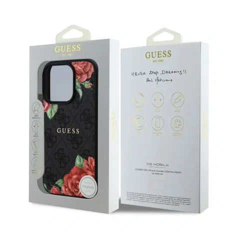 Husa spate Guess din piele PU 4G Roses MagSafe pentru iPhone 16 Pro, neagră