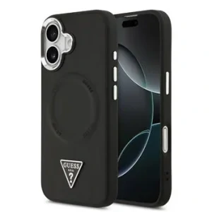 Husă spate Guess din piele PU cu logo triunghiular MagSafe pentru iPhone 17, neagră