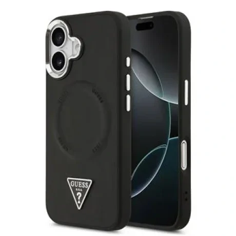 Husă spate Guess din piele PU cu logo triunghiular MagSafe pentru iPhone 17, neagră