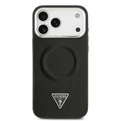 Husă spate Guess din piele PU cu logo triunghiular MagSafe pentru iPhone 17 Pro Max, neagră