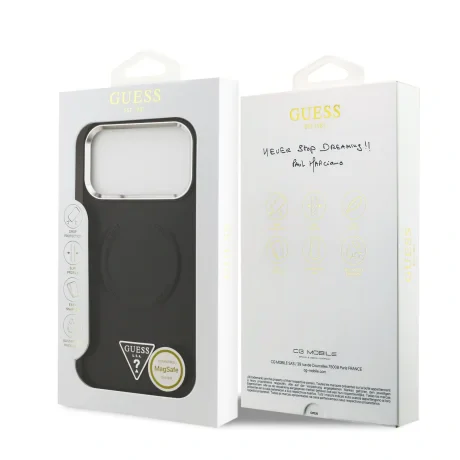 Husă spate Guess din piele PU cu logo triunghiular MagSafe pentru iPhone 17 Pro Max, neagră