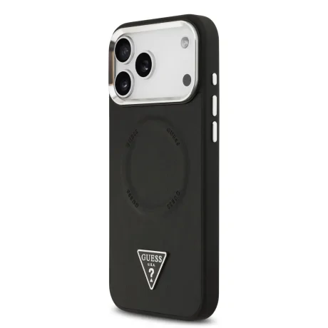 Husă spate Guess din piele PU cu logo triunghiular MagSafe pentru iPhone 17 Pro Max, neagră